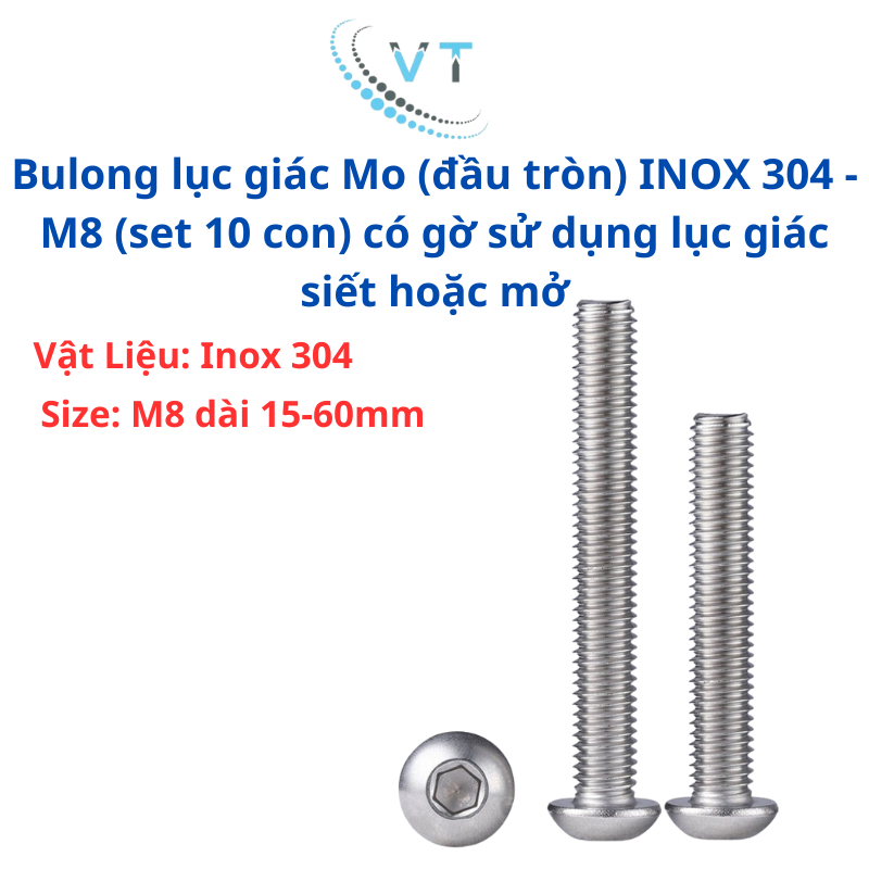 Bulong lục giác Mo (đầu tròn) INOX 304 - M8 (set 10 con) có gờ sử dụng lục giác siết hoặc mở