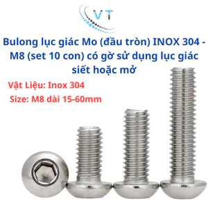 Bulong lục giác Mo (đầu tròn) INOX 304 - M8 (set 10 con) có gờ sử dụng lục giác siết hoặc mở