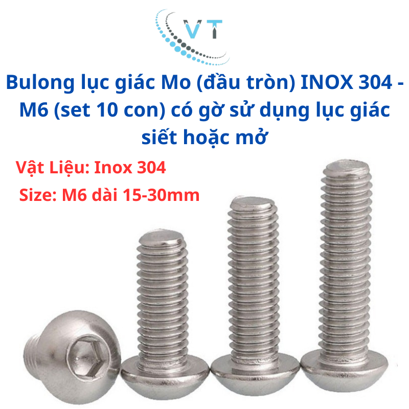 Bulong lục giác Mo (đầu tròn) INOX 304 - M6 (set 10 con) có gờ sử dụng lục giác siết hoặc mở