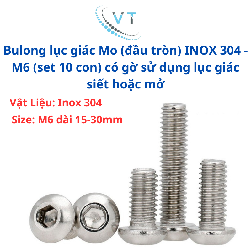 Bulong lục giác Mo (đầu tròn) INOX 304 - M6 (set 10 con) có gờ sử dụng lục giác siết hoặc mở