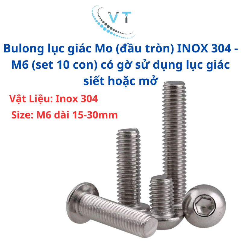 Bulong lục giác Mo (đầu tròn) INOX 304 - M6 (set 10 con) có gờ sử dụng lục giác siết hoặc mở