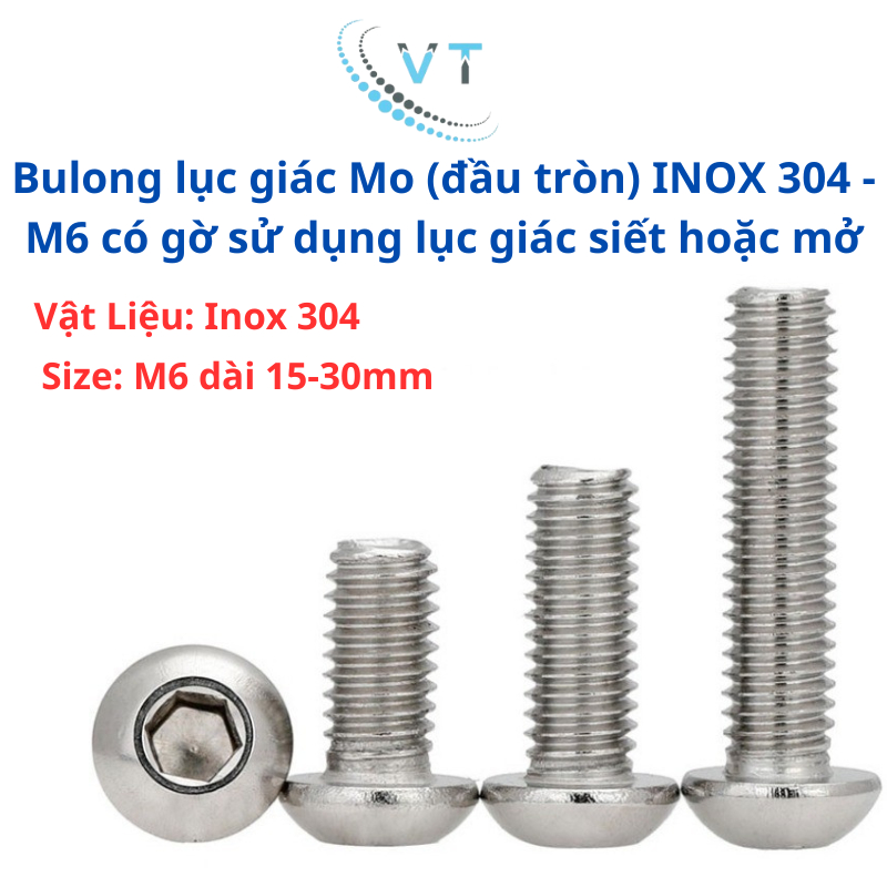Bulong lục giác Mo (đầu tròn) INOX 304 - M6 có gờ sử dụng lục giác siết hoặc mở