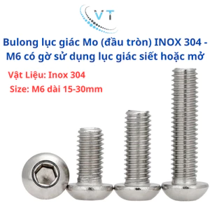 Bulong lục giác Mo (đầu tròn) INOX 304 - M6 có gờ sử dụng lục giác siết hoặc mở