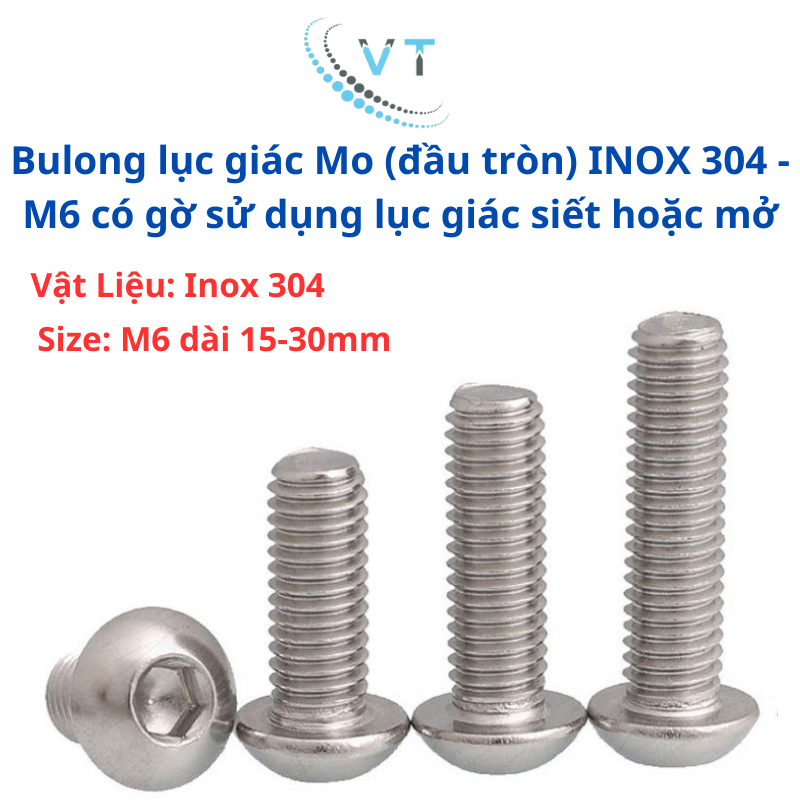 Bulong lục giác Mo (đầu tròn) INOX 304 - M6 có gờ sử dụng lục giác siết hoặc mở