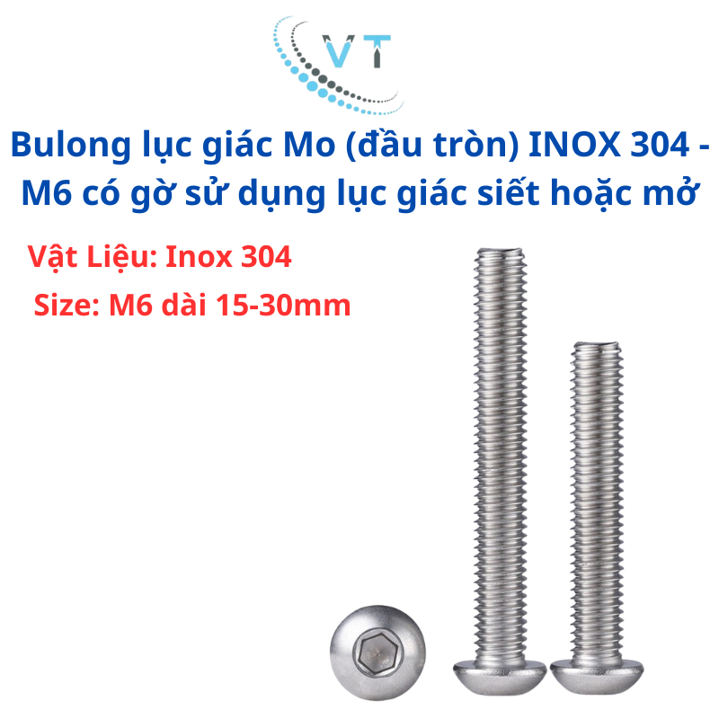 Bulong lục giác Mo (đầu tròn) INOX 304 - M6 có gờ sử dụng lục giác siết hoặc mở