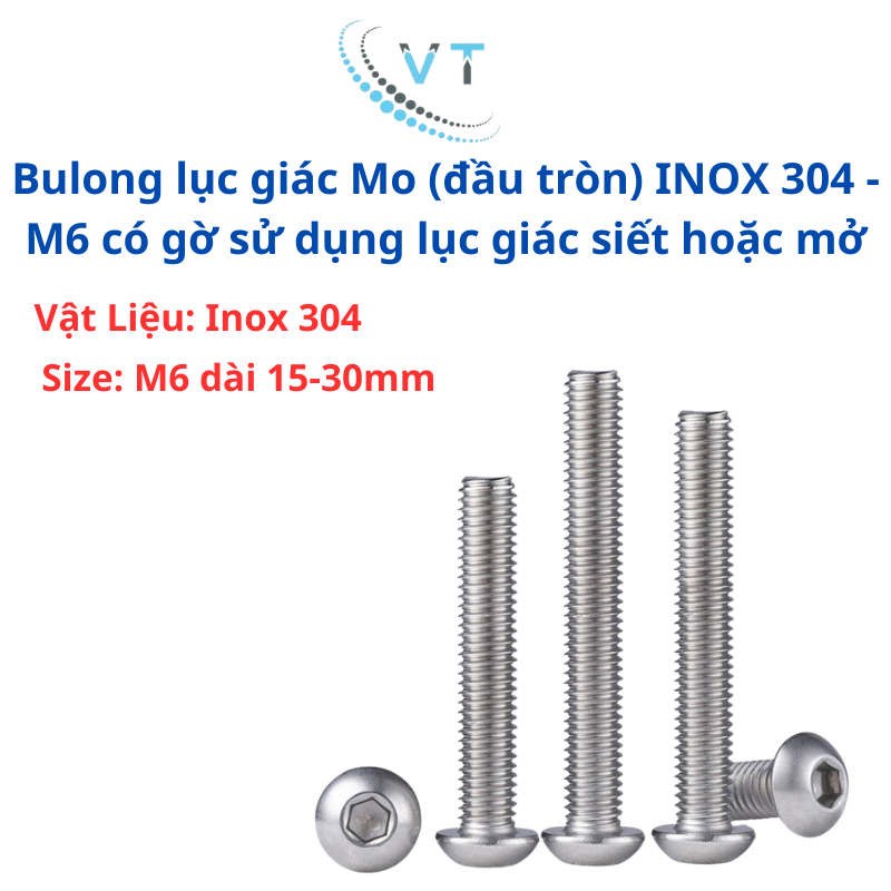 Bulong lục giác Mo (đầu tròn) INOX 304 - M6 có gờ sử dụng lục giác siết hoặc mở
