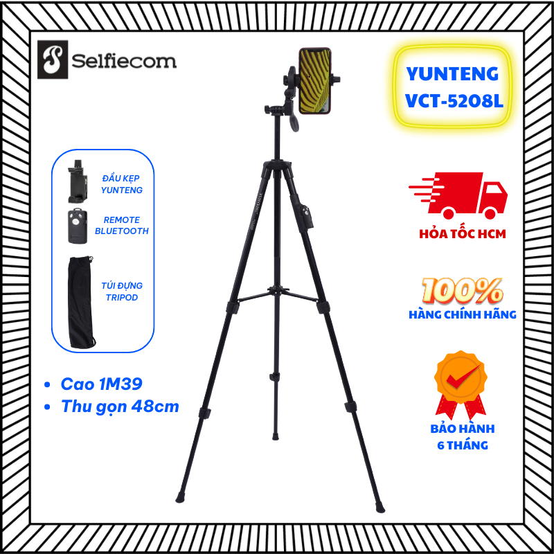 Tripod Điện Thoại Yunteng VCT 5208L - Chân Đế Máy Ảnh Quay Video, Chụp Ảnh Đa Năng Gọn Nhẹ