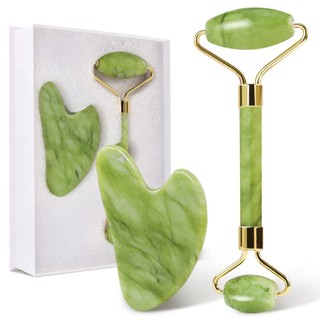 Cây Lăn Và Miếng Guasha  Bằng Đá Tự Nhiên Serpentine Màu Xanh Mạ Giúp Nâng Cơ Thon Gọn Mặt, Thư Giãn