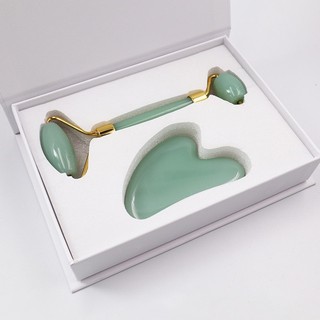 Bộ Đá Guasha Bằng Đá Tự Nhiên Màu Xanh Ngọc Bích Kèm Cây Lăn Đá Tự Nhiên Cùng Màu Giúp Nâng Cơ Da - Massage Thư Giãn