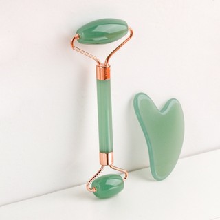 Bộ Đá Guasha Bằng Đá Tự Nhiên Màu Xanh Ngọc Bích Kèm Cây Lăn Đá Tự Nhiên Cùng Màu Giúp Nâng Cơ Da - Massage Thư Giãn