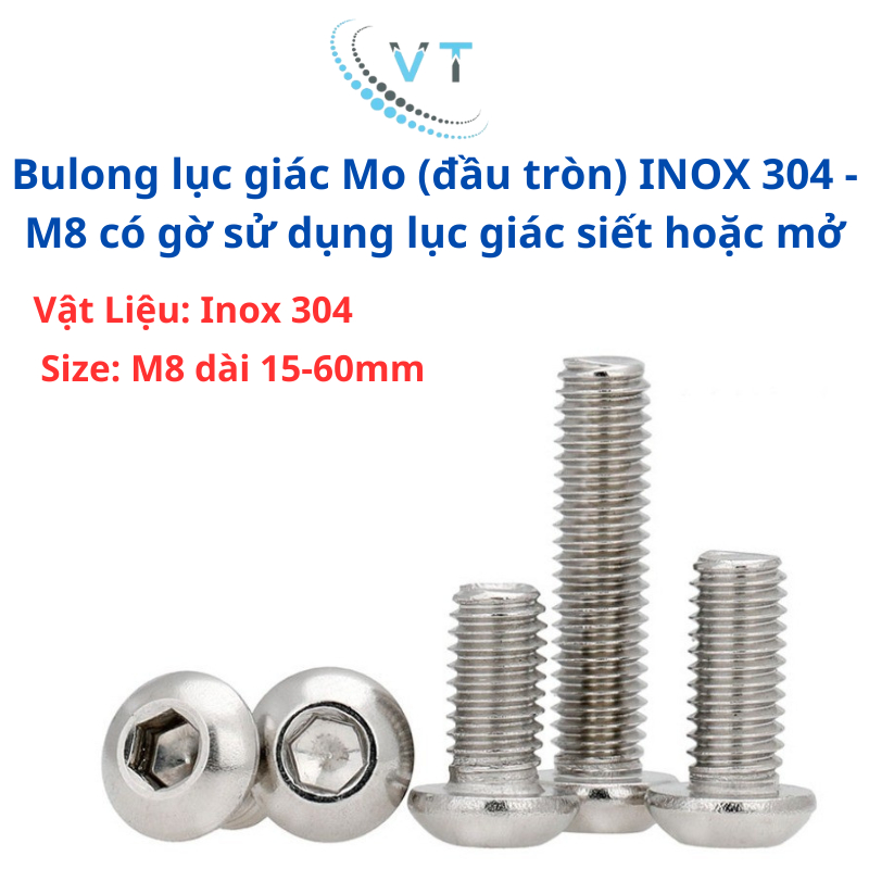 Bulong lục giác Mo (đầu tròn) INOX 304 - M8 có gờ sử dụng lục giác siết hoặc mở
