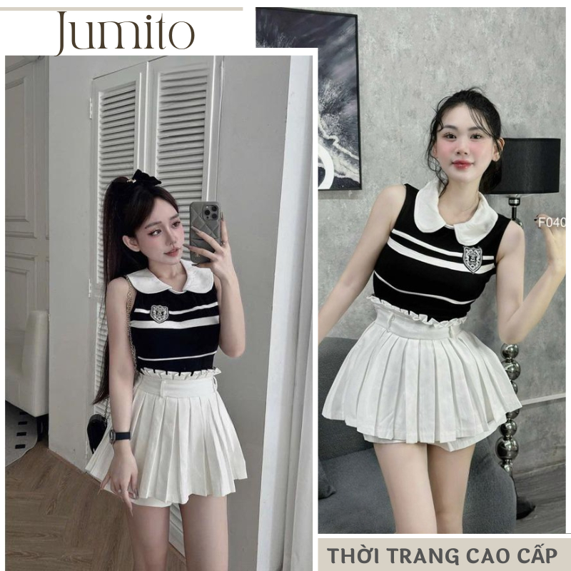Set đồ nữ áo thun cổ bẻ bản to kèm chân váy xếp ly cạp khóa, đồ bộ nữ áo sát nách in logo kèm váy trắng nữ tính HCOM2754