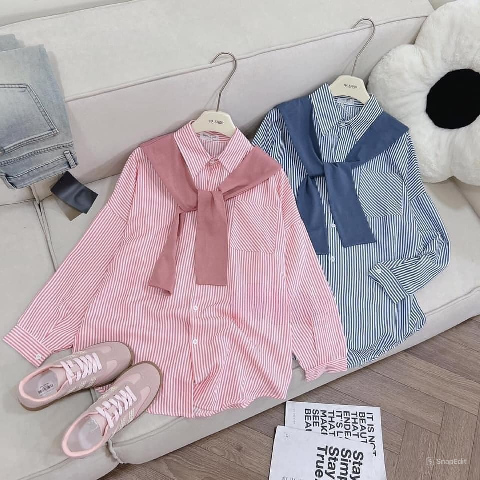 Áo sơ mi dài tay form rộng kẻ sọc cổ bẻ kèm khăn Jumito, áo sơ mi phong cách Hàn Quốc chất vải mềm mịn hcom2753