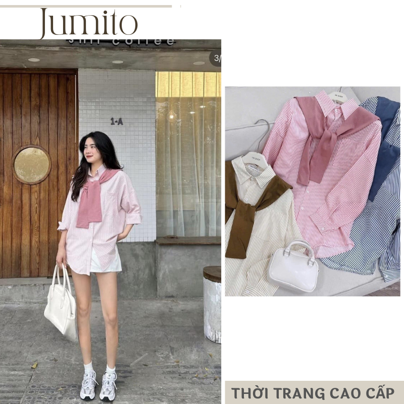 Áo sơ mi dài tay form rộng kẻ sọc cổ bẻ kèm khăn Jumito, áo sơ mi phong cách Hàn Quốc chất vải mềm mịn hcom2753