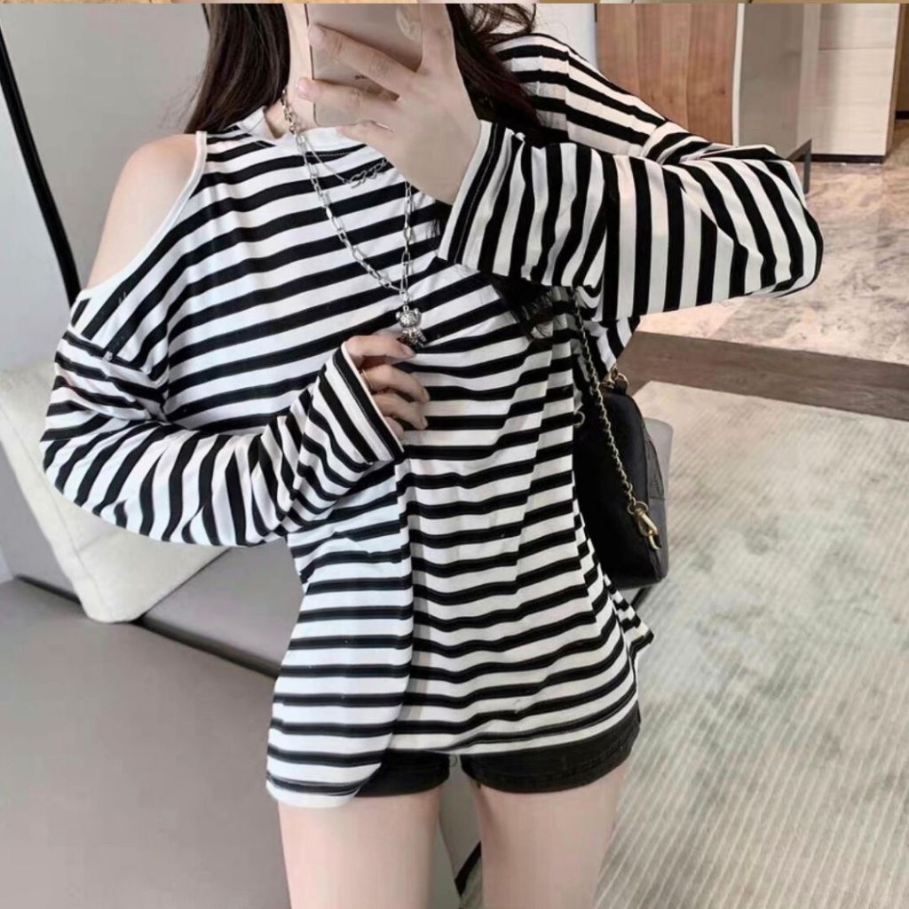 Áo thun nữ tay dài Sicily thun kẻ khoét vai ATK801