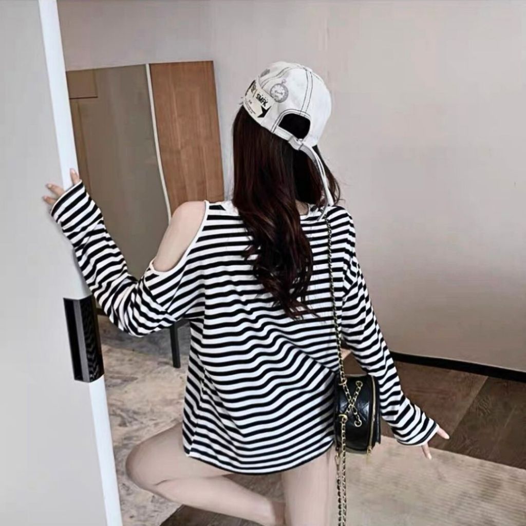Áo thun nữ tay dài Sicily thun kẻ khoét vai ATK801