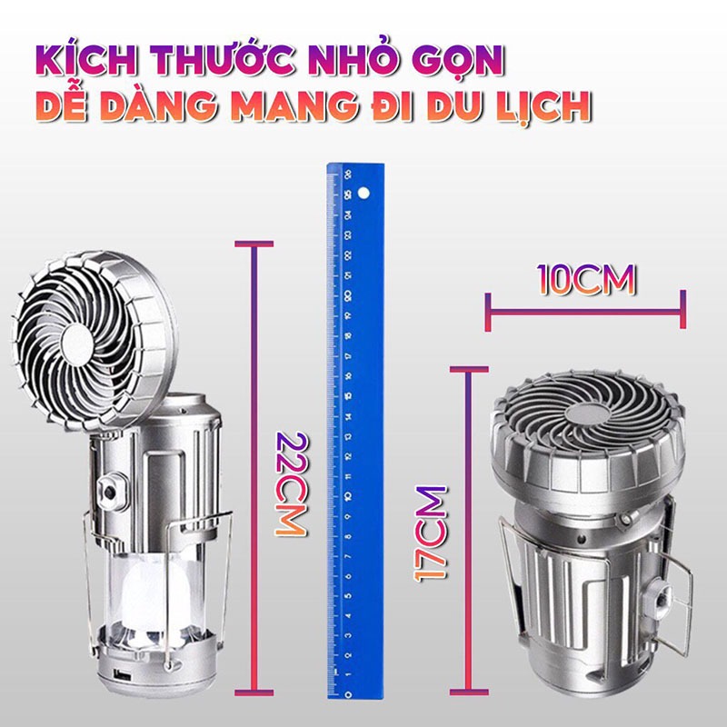 Đèn Tích Điện 3 Trong 1 Kèm Quạt Và Cổng Sạc USB Đa Năng, Đèn Cắm Trại Dùng Sạc Và Pin AAA Tiện Lợi