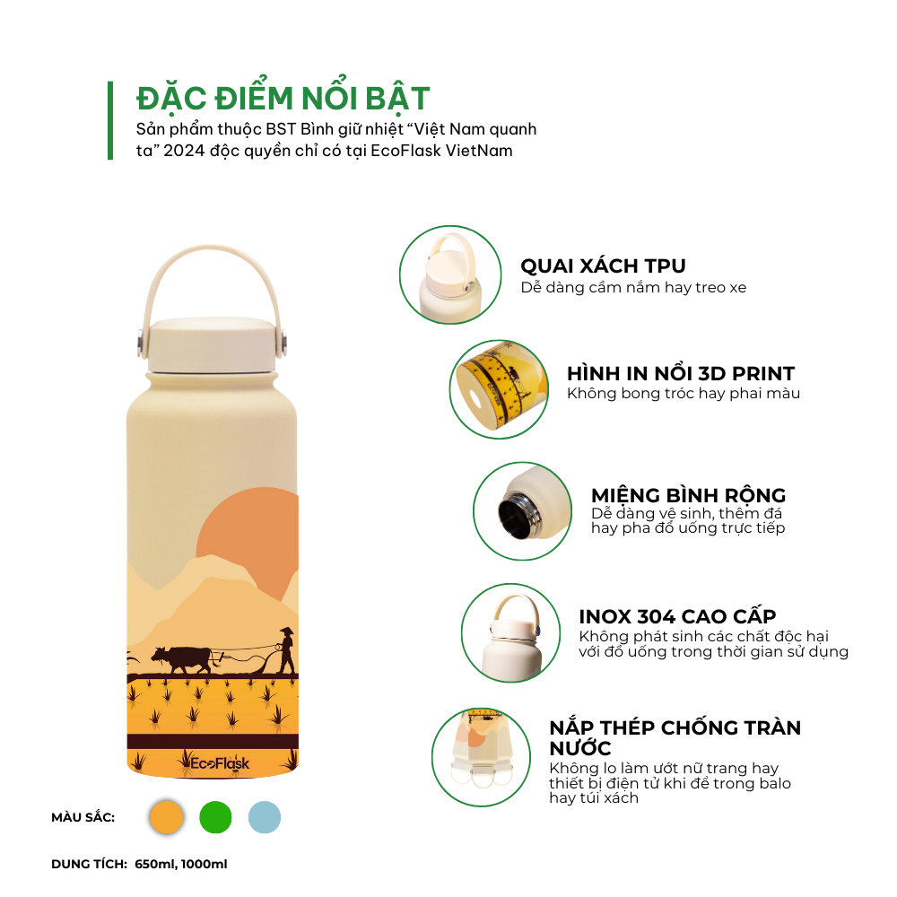 Ảnh Bình giữ nhiệt EcoFlask 550ml/1000ml thiết kế hoạ tiết Ruộng Bậc Thang - Bình giữ nhiệt cao cấp chính hãng, inox 304 3