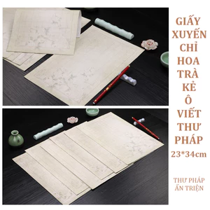 Xấp 10 tờ giấy xuyến chỉ hoa trà kẻ ô luyện viết chữ thư pháp Hán Việt