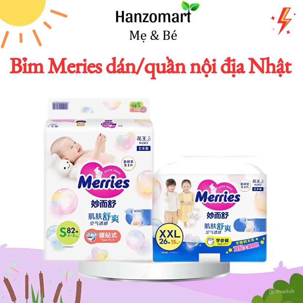 [XẢ KHO] Tã Bỉm Merries Dán/Quần Nội Địa Nhật NB76/S70/M68/L58/M64/L50/XL44/XXL28(Cộng Miếng)
