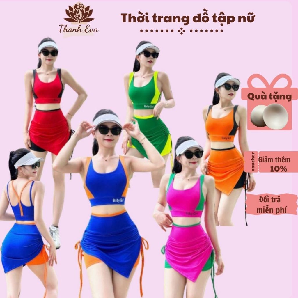 Bộ váy tập gym, aerobic, đi bơi B98.. Bộ váy thể thao áo bra, váy vạt chéo phối màu siêu xinh