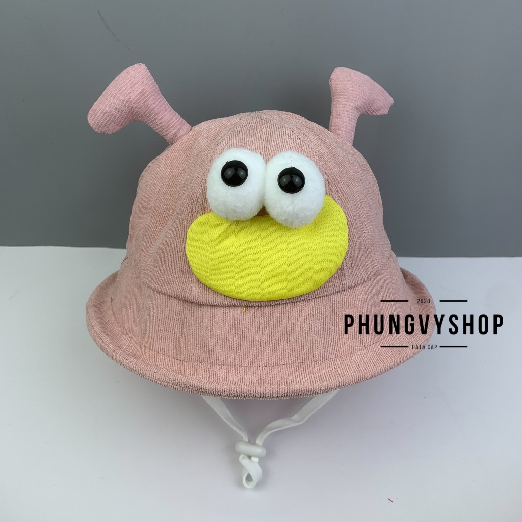 (SALE) Bé 2-5 Tuổi/ VĐ 52cm_Mũ bucket tai bèo vành trẻ em trai gái phungvyshop- Nón Bo trung nhung Vành lật / MẮT LỒI