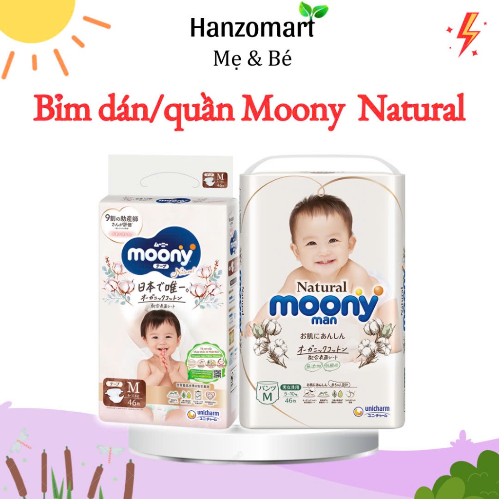 Bỉm Moony Natural Moony Natural Chính Hãng - Bỉm Moony Dán/Quần Đủ Size NB63/S58/M48/L36/XL32