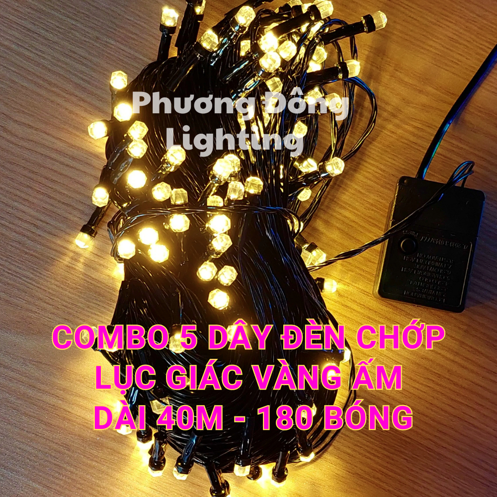 COMBO 5 DÂY ĐÈN LED CHỚP LỤC GIÁC VÀNG ẤM - ĐỦ MÀU 40M - 180 BÓNG TRANG TRÍ NOEL