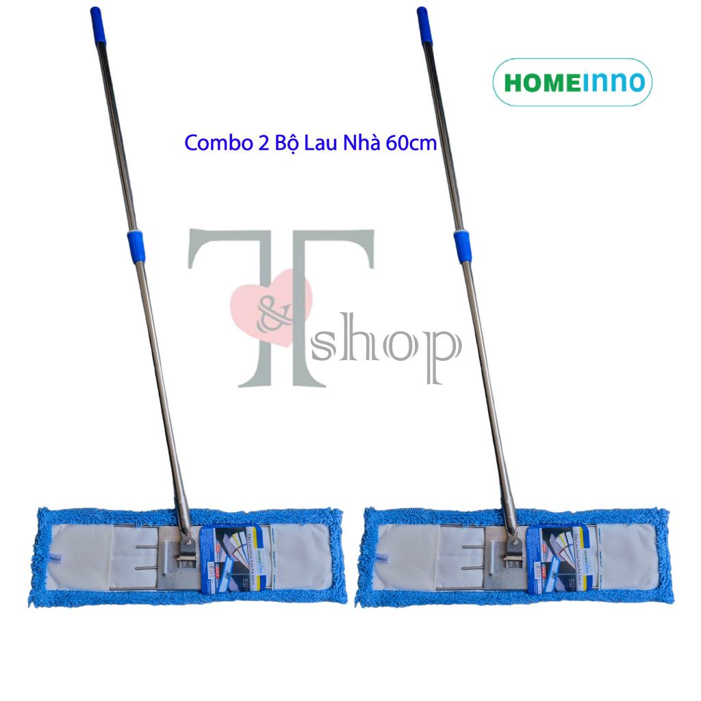 Combo 2 Cây Lau Nhà Homeinno Bản Lau 60cm +2 Tấm Lau San Hô Thay Thế Cán Rút 90cm-145cm