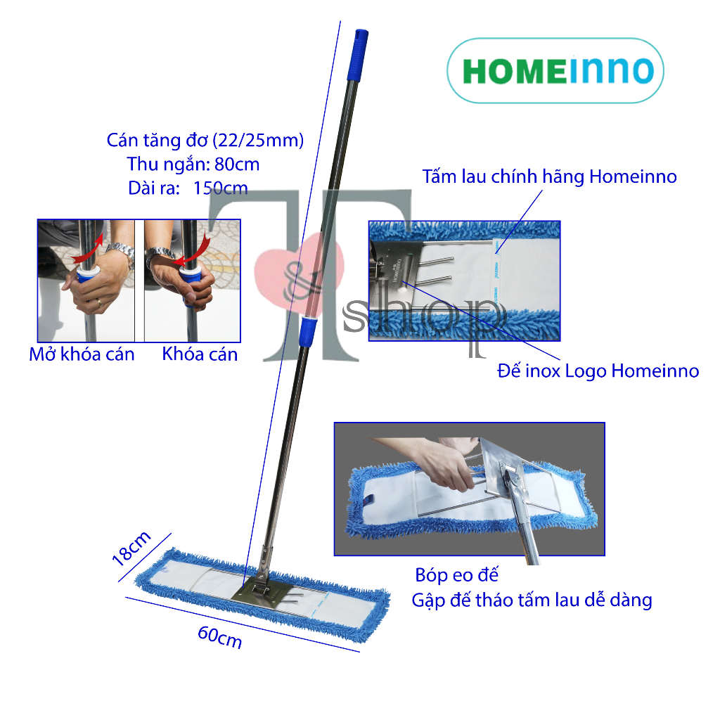 Combo Chổi Lau Nhà Công Nghiệp 60cm Homeinno Tấm San Hô Bẻ 60cm + 1 Tấm Lau Thay Thế Cán Rút 90cm - 145cm