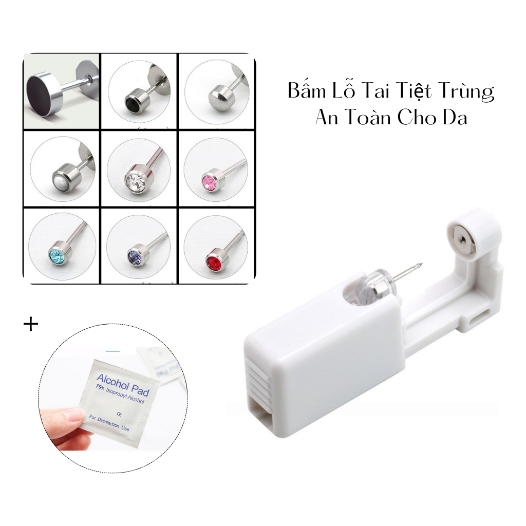Dụng cụ bấm lỗ tai, đồ bấm lỗ tai dùng 1 lần bằng thép không gỉ an toàn cho da