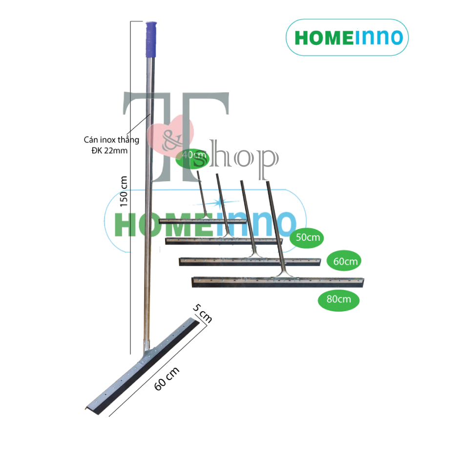Cây Gạt Đẩy Nước Sàn Nhà Thép Không Gỉ Homeinno Lưỡi Cao Su 50/60/80cm