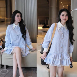Váy Sơmi Kẻ Babydoll Cổ Đá Phối Chân Bèo Tầng Pha Ren Siêu Xinh