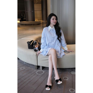 [V1.793] Váy Sơmi Kẻ Babydoll Cổ Đá Phối Chân Bèo Tầng Pha Ren Siêu Xinh