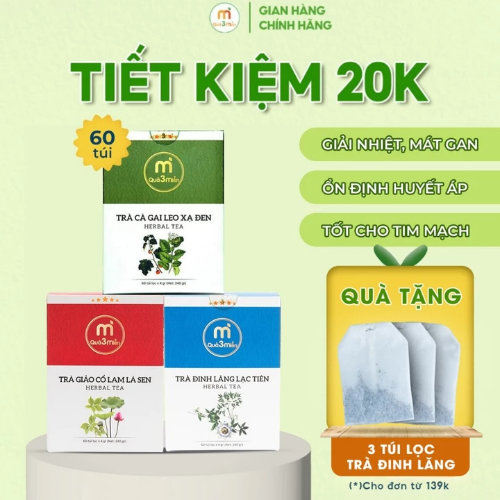Combo 3 hộp Trà Cà Gai Leo Xạ Đen, Trà Giảo Cổ Lam Lá Sen và Trà Đinh Lăng Lạc Tiên hộp 60 túi lọc