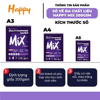 [Hỏa tốc HCM] Sổ Vẽ Lò Xo Đa Chất Liệu Happy Định Lượng 200gsm - 30 Tờ