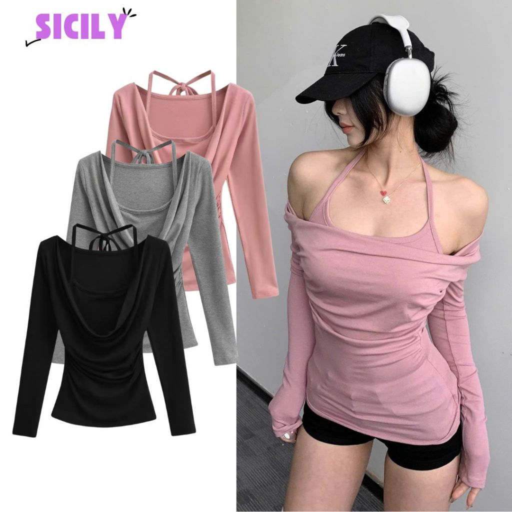 Áo thun nữ dài tay Sicily ôm body cổ đổ CDHD803