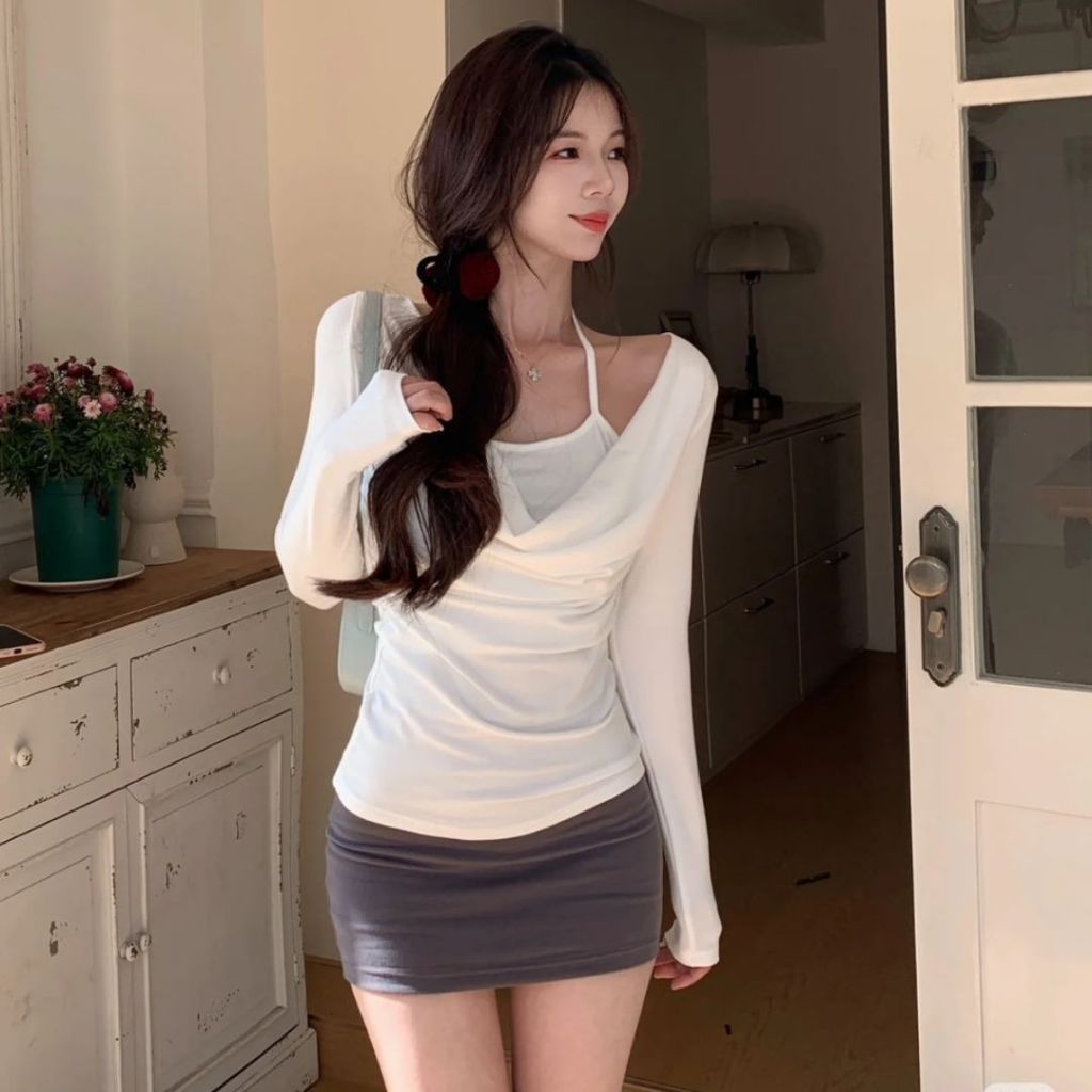 Áo thun nữ dài tay Sicily ôm body cổ đổ CDHD803
