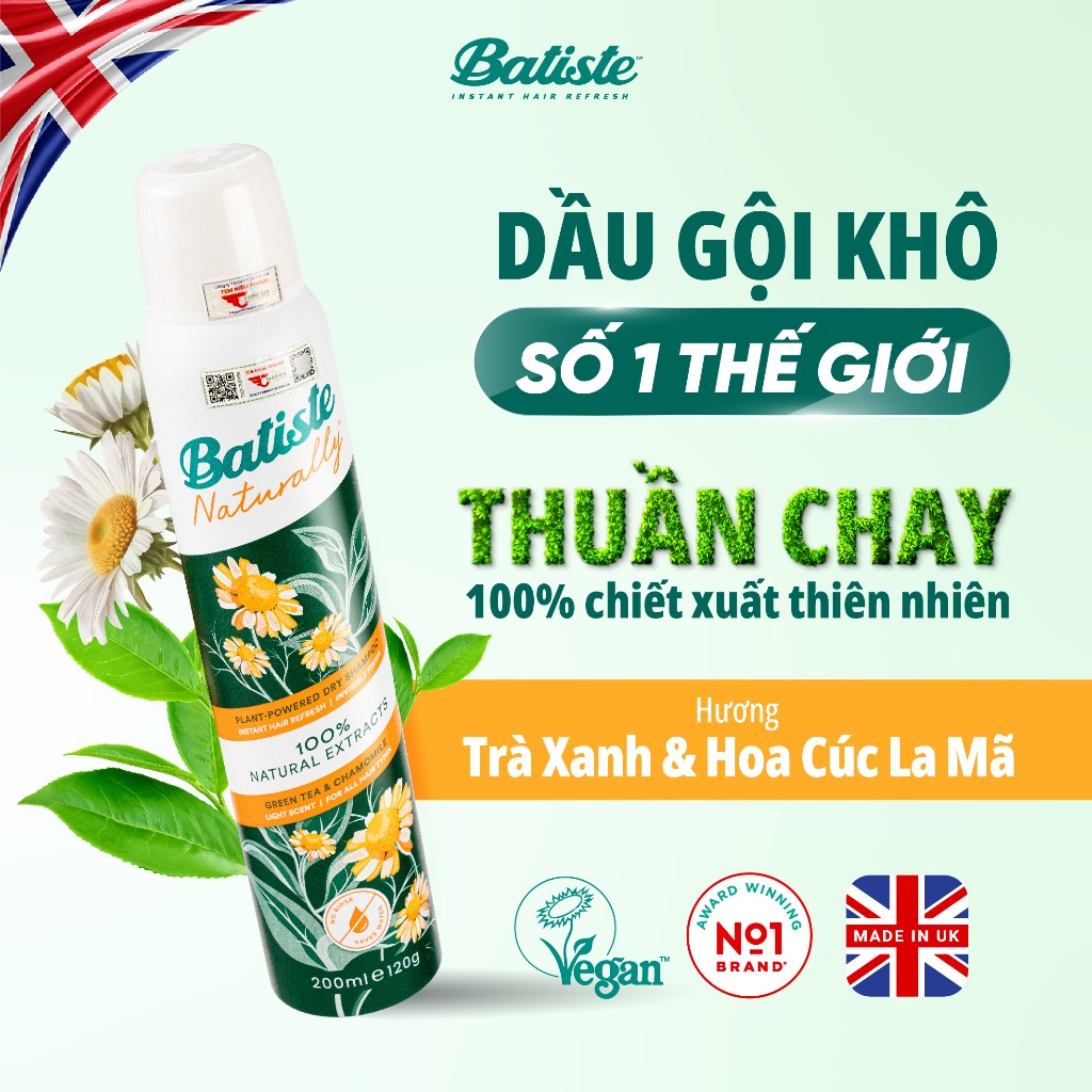 Ảnh Dầu Gội Khô Batiste Naturally 100% Thuần Chay Thiên Nhiên Từ Trà Xanh & Cúc La Mã 200ml (Greentea & Chamomile) 1