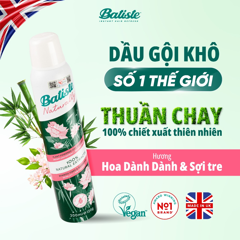 Ảnh Dầu Gội Khô Batiste Naturally 100% Thuần Chay Thiên Nhiên Từ Măng Tre & Hoa Dành Dành 200ml (Baboo Fibre & Gardenia) 1