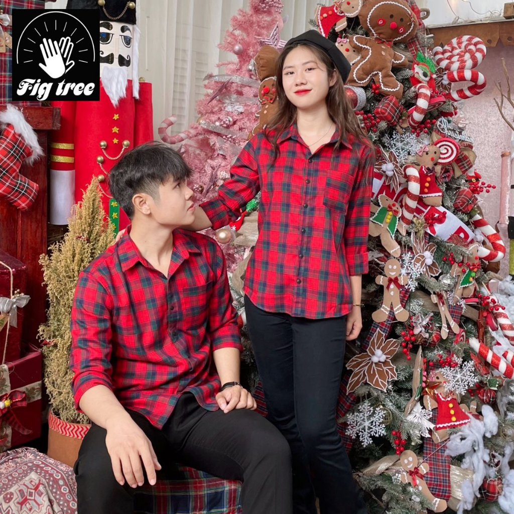 Áo Sơ Mi Đôi Nam Nữ Fig Tree Caro Nỉ Đỏ Couple Thời Trang