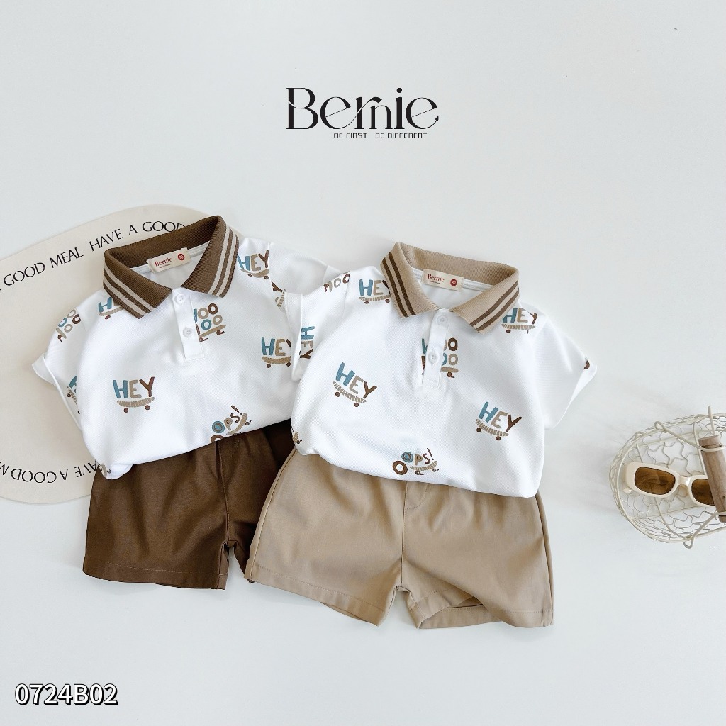 Bộ polo cộc tay bé trai in hoạ tiết cho bé, set bé trai polo cổ đức cộc tay phối quần kaki Bernie
