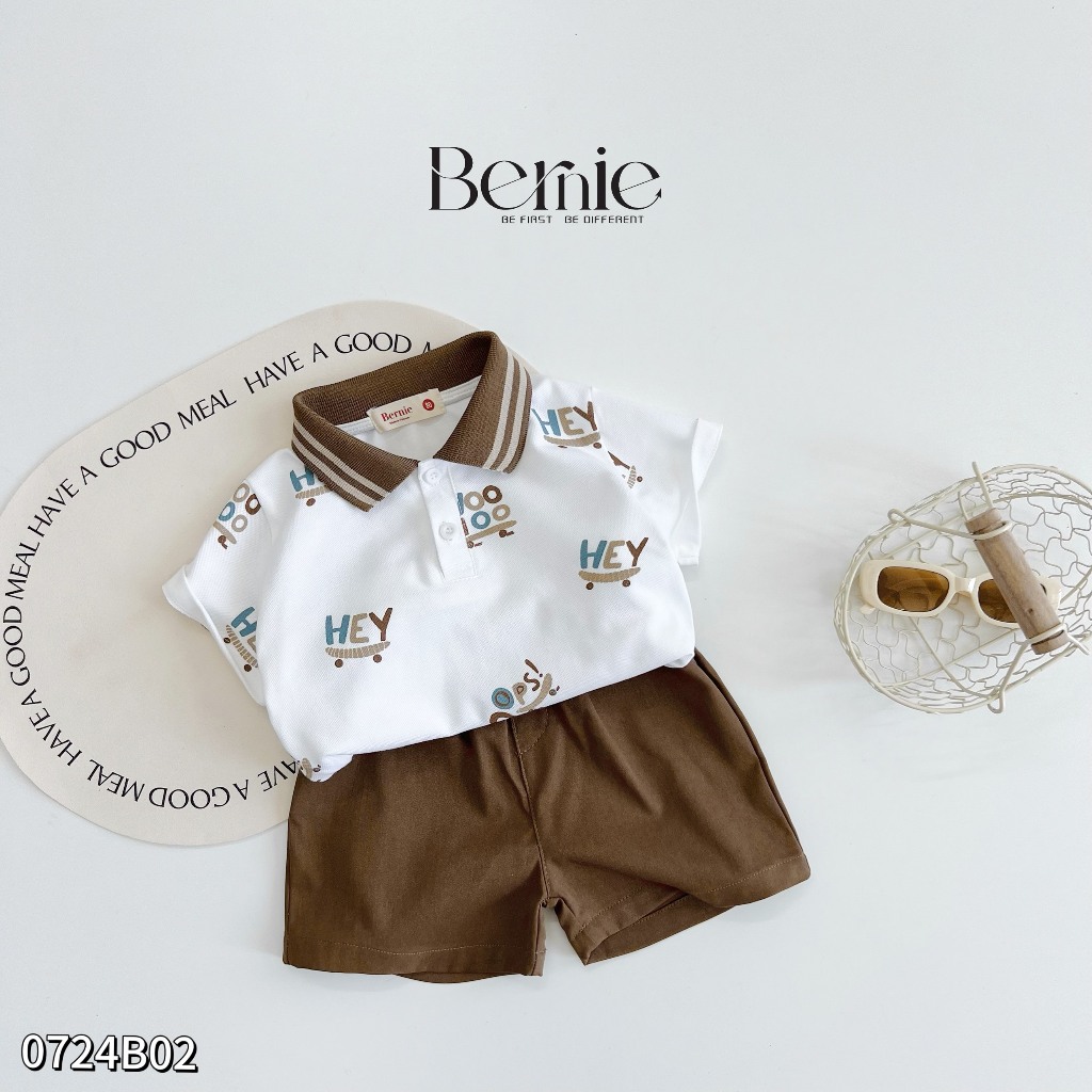 Bộ polo cộc tay bé trai in hoạ tiết cho bé, set bé trai polo cổ đức cộc tay phối quần kaki Bernie