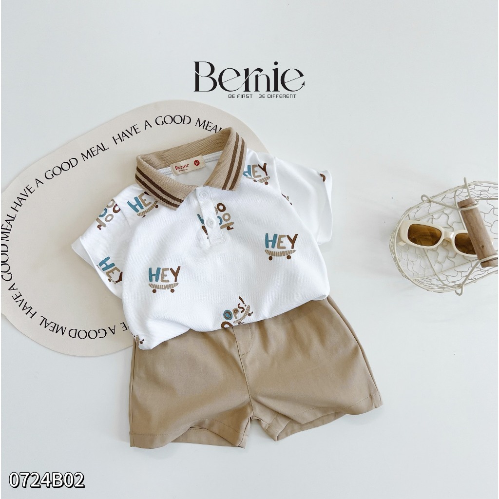 Bộ polo cộc tay bé trai in hoạ tiết cho bé, set bé trai polo cổ đức cộc tay phối quần kaki Bernie