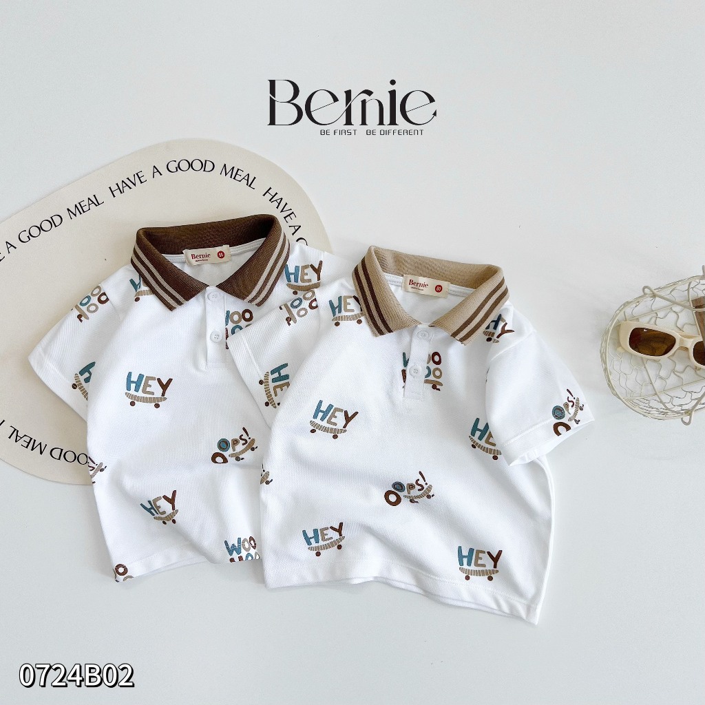 Bộ polo cộc tay bé trai in hoạ tiết cho bé, set bé trai polo cổ đức cộc tay phối quần kaki Bernie