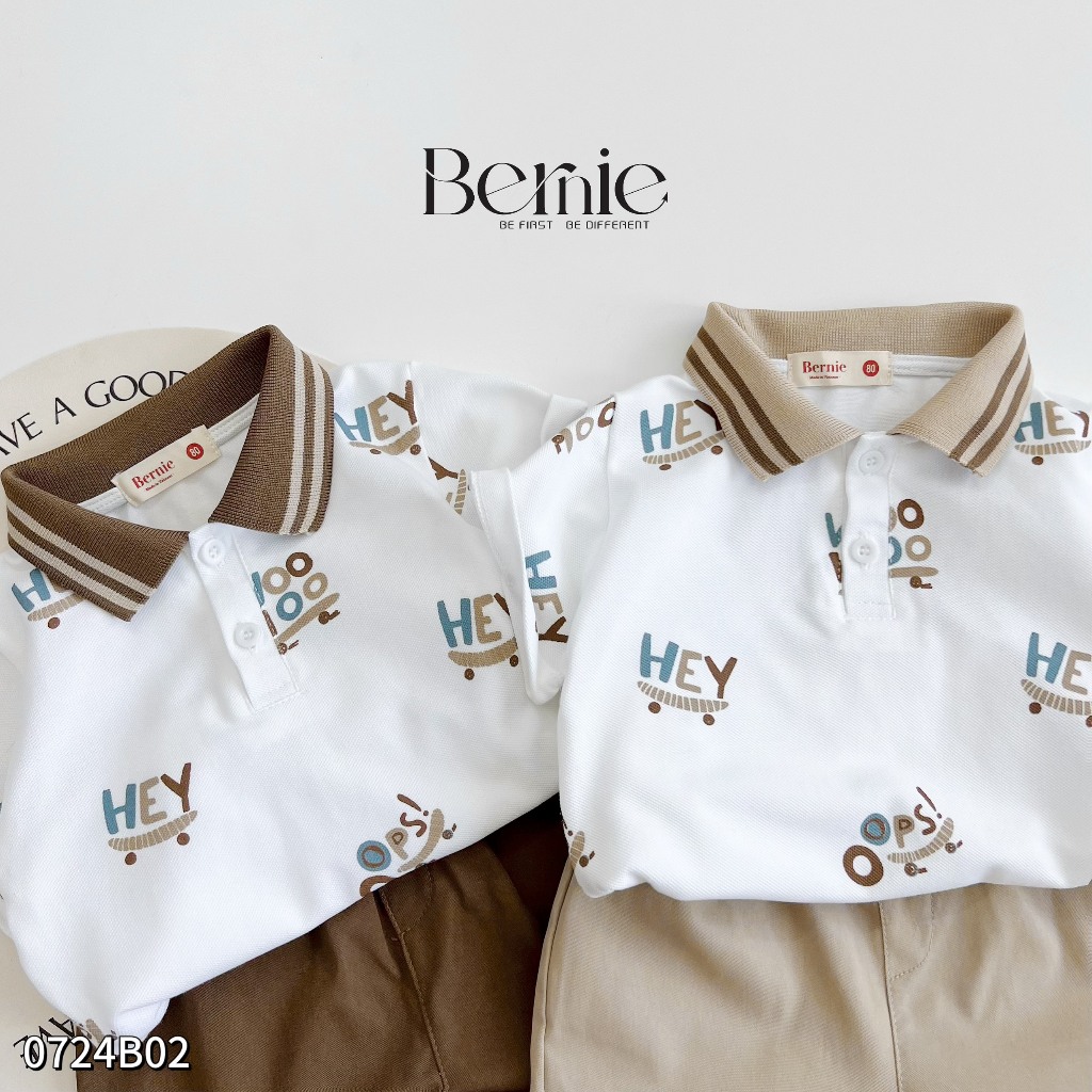 Bộ polo cộc tay bé trai in hoạ tiết cho bé, set bé trai polo cổ đức cộc tay phối quần kaki Bernie