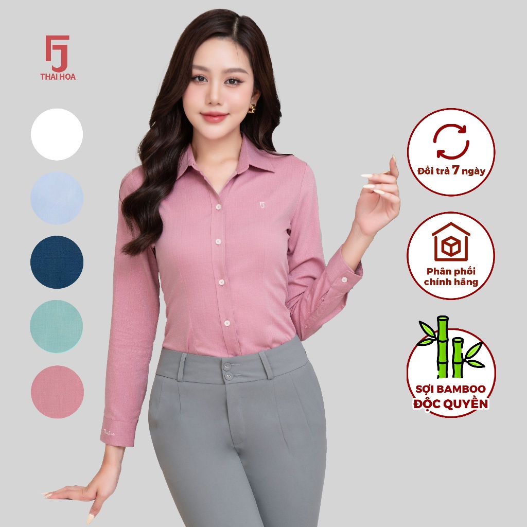 Áo sơ mi nữ R11 dài tay tinh chất sợi tre vải xước form ôm Thái Hòa dài tay nữ cổ Đức