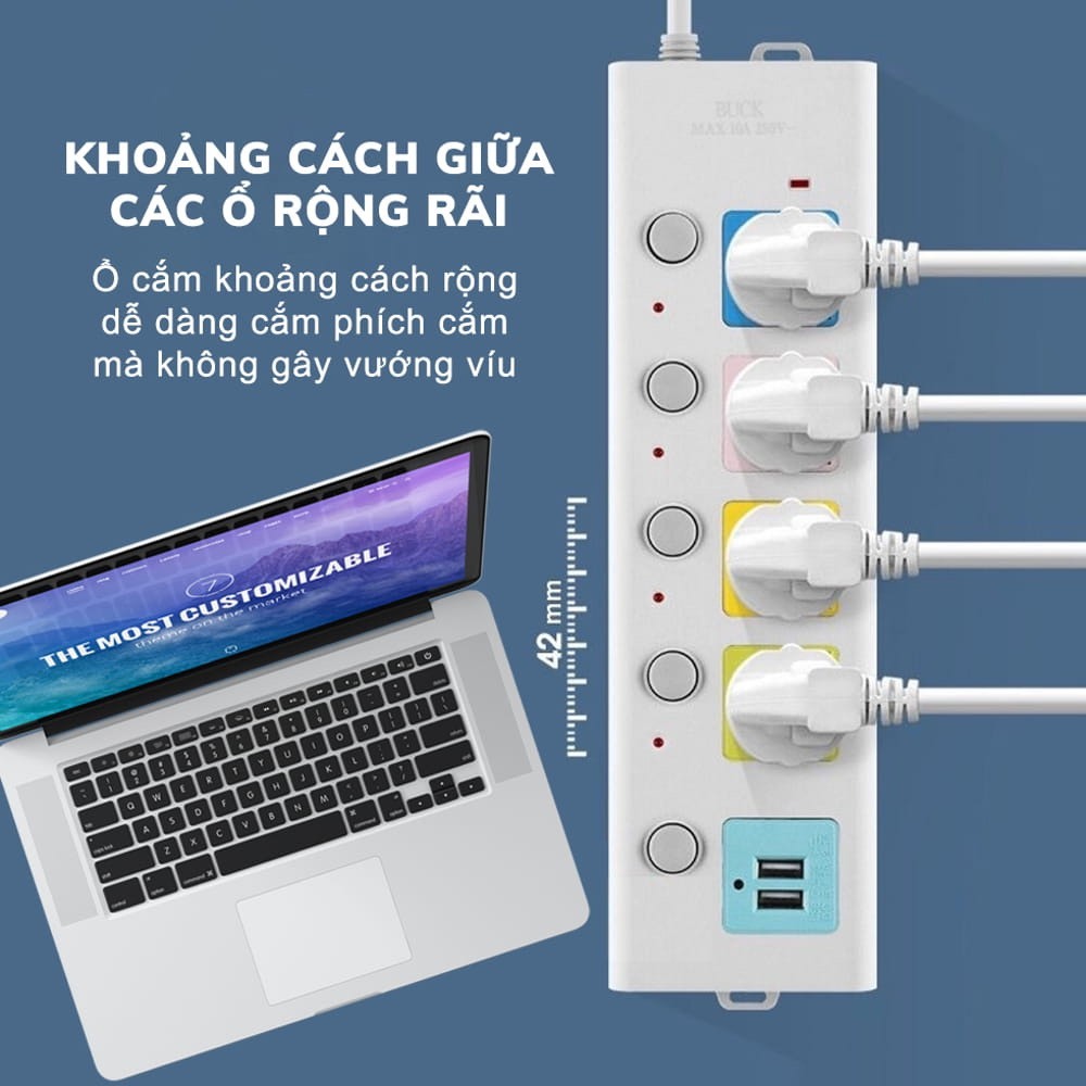 Ổ Cấm Điện Đa Năng Có Công Tắc, Đầu Sạc USB tiện lợi