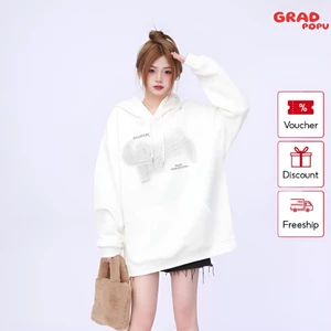 Áo hoodie nữ GRADPOPU PH14 form rộng 2 màu basic in họa tiết mặt trước, chất nỉ 2 lớp dày dặn có mũ trùm đầu