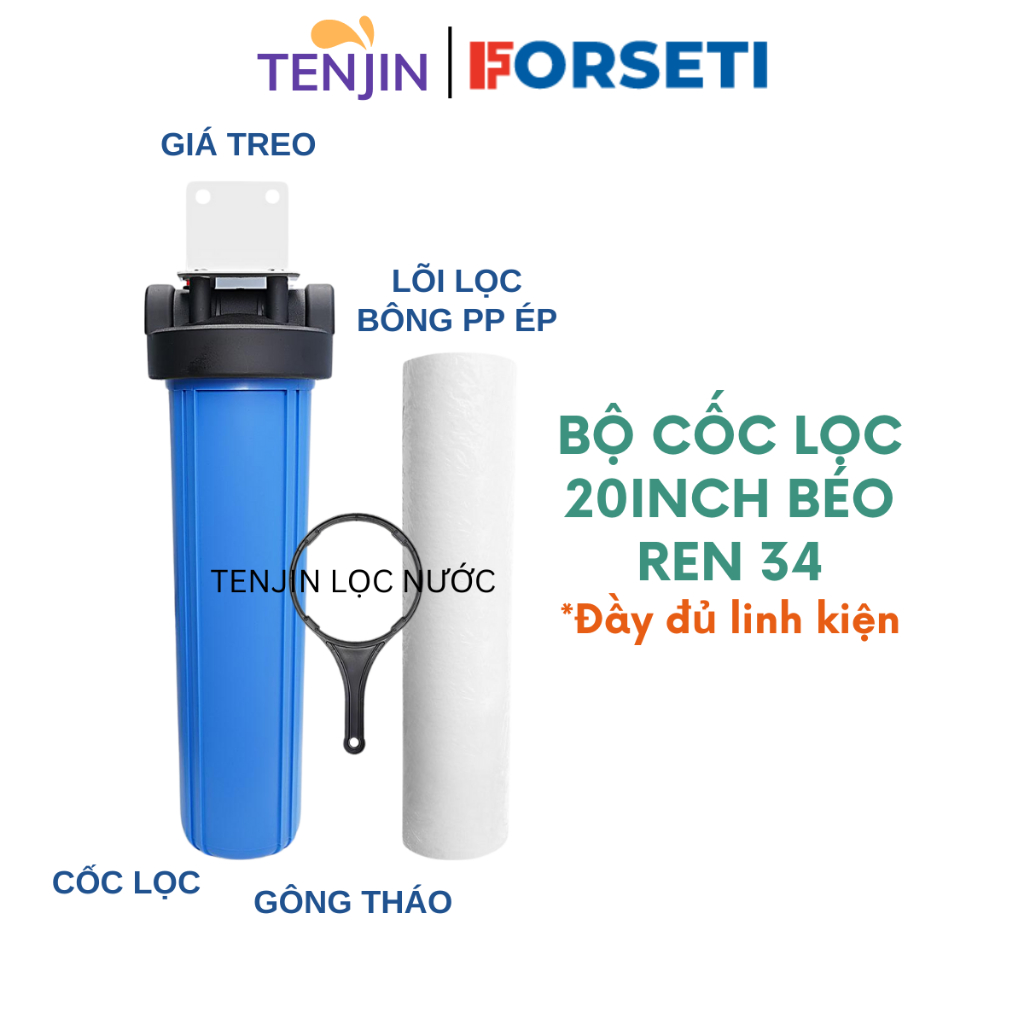 Bộ Lọc 20 Inch Béo Đầu Nguồn Ren 34 h Đầy Đủ Phụ Kiện Kèm Gông Tháo, Giá Treo, Lõi Lọc Đầu Nguồn